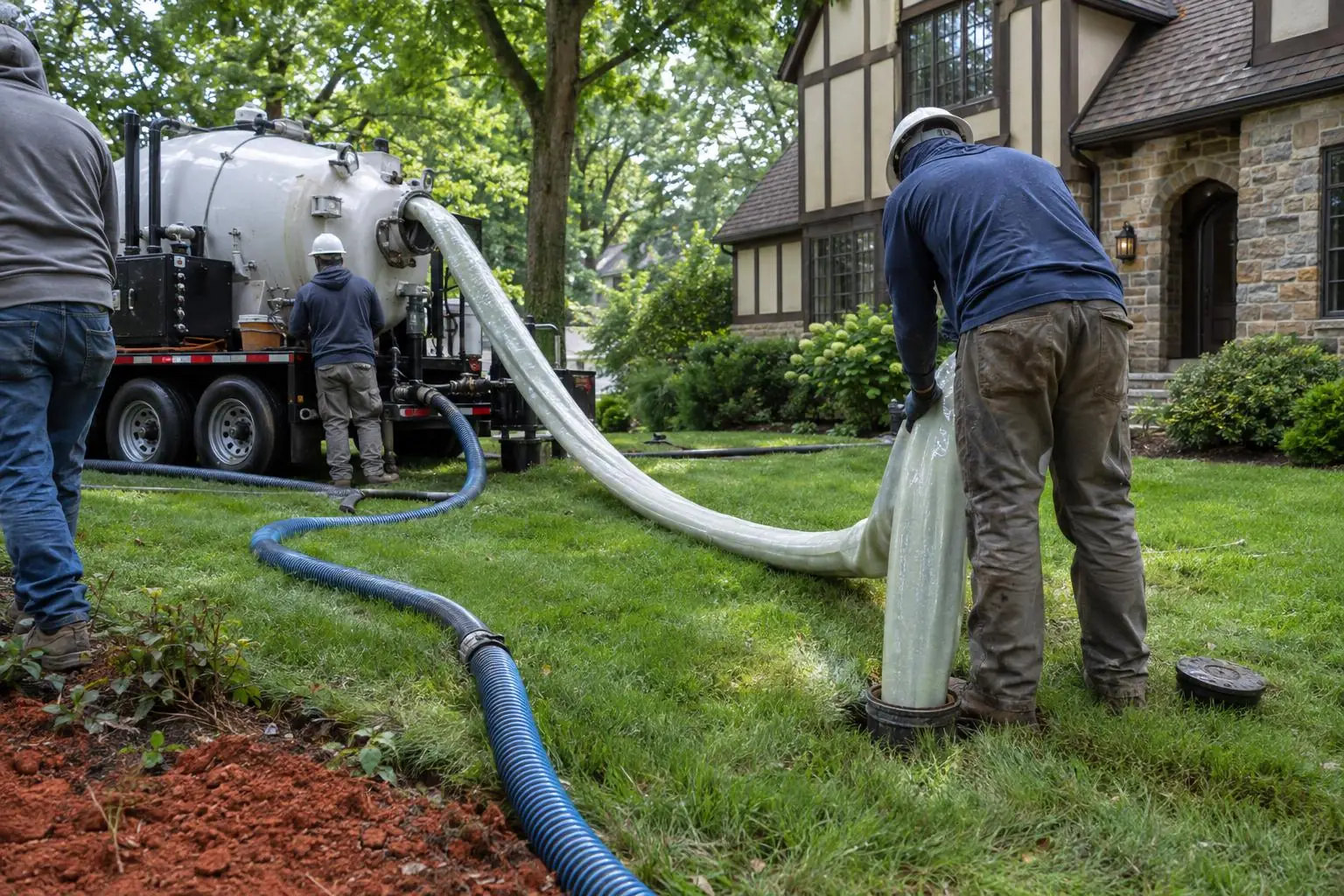 A crew member guiding a resin liner into a sewer cleanout on a front lawn, with a pressure drum truck and hoses behind him