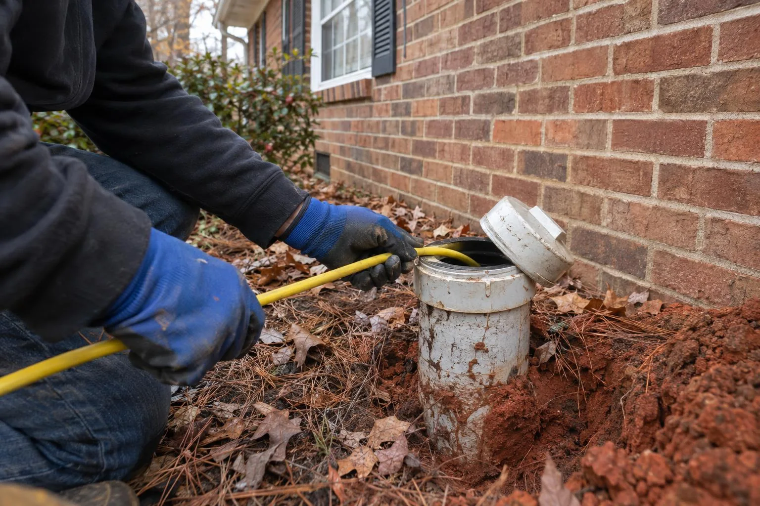 A technician in blue gloves feeding a yellow camera cable into a sewer cleanout beside a brick foundation