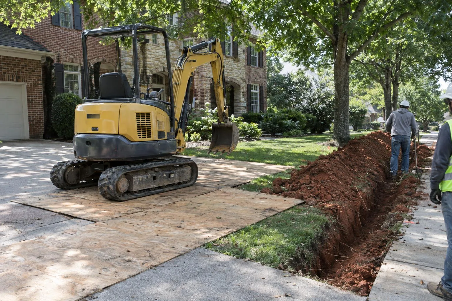 A yellow mini excavator parked on plywood mats beside an open trench along a driveway and sidewalk, workers beside it